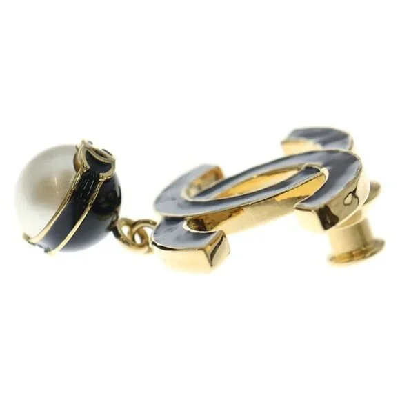 Chanel CC Logo Faux Pearl Brooch Black Gold